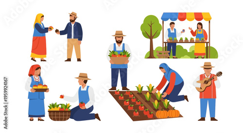Flat Design Farmers, Villagers, and Local Market Scenes: Agriculture, Harvesting, Selling Produce