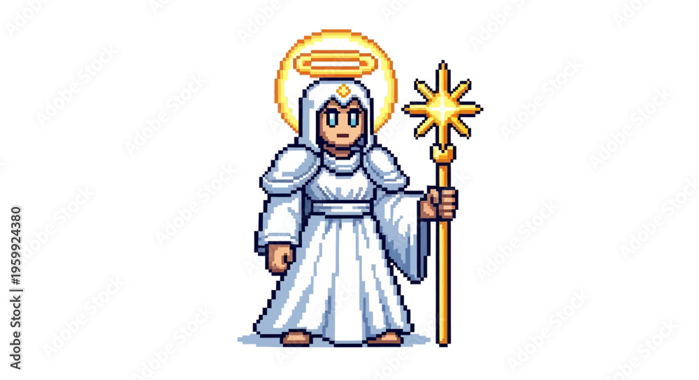 Obraz premium Pixel Art Angel Character Holding a Star Staff.