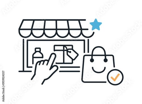 Simple everyday purchasing and selecting desired goods through accessible modern retail experience, a clean storefront window combined with a small shopping bag icon symbolizing