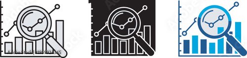 Three magnifying glass icons for data analysis and statistics