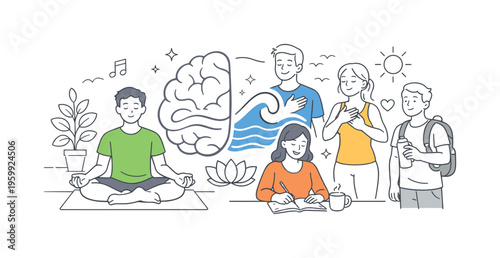 A supportive group engaging in activities that enhance concentration and reduce stress in a balanced daily routine, illustrated by a brain paired with a calm wave or breathing