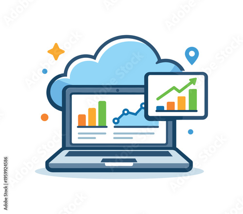 Remote analytics and data monitoring concept focused on accessing and analyzing performance metrics from anywhere using connected digital tools, a laptop combined with a cloud and