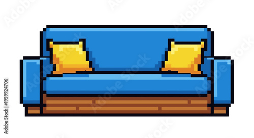 Pixel Art Blue Sofa with Yellow Cushions.