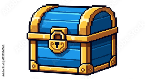 Pixel Art Blue Treasure Chest with Golden Accents.
