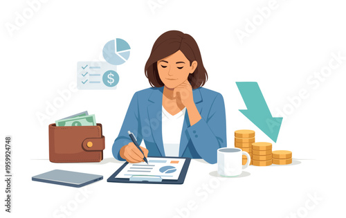 A smart budgeting and expense tracking concept featuring a focused professional reviewing finances beside a minimal wallet and a downward cost arrow, representing mindful spending
