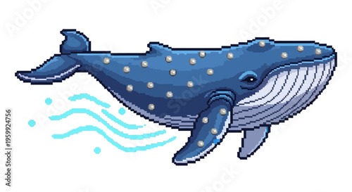 Pixel Art Blue Whale Spouting Water.