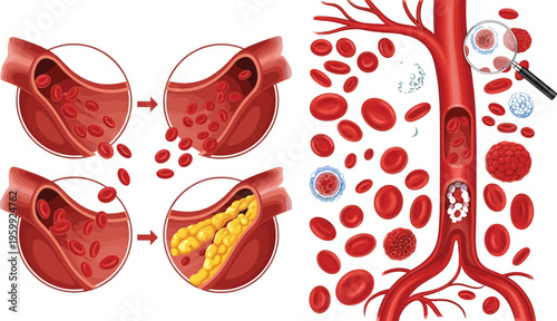 Blood Circulation and Artery Blockage Vector Illustration with Cholesterol Plaque, Red Blood Cells and Cardiovascular Disease Concept Collection