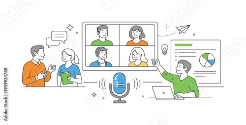 A business communication and remote collaboration concept illustrating an online conference as a tool for teamwork and presentations, showing participants engaging and sharing