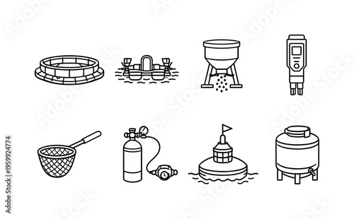 Aquaculture fish farming: fish cage, aerator device, feeding dispenser, water quality tester, fish net, oxygen tank, monitoring buoy, storage tank