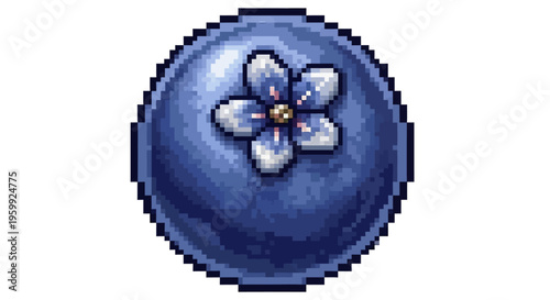 Pixel Art Blueberry Fruit With Flower Detail.