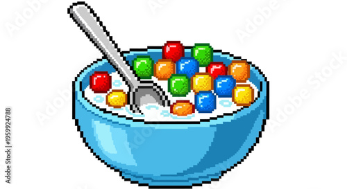 Pixel Art Bowl of Colorful Cereal with Spoon.