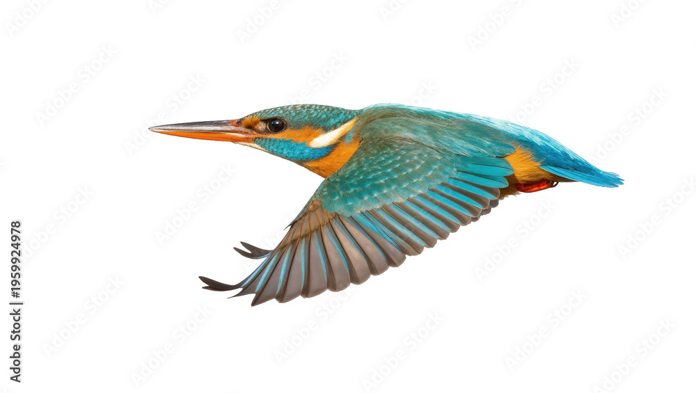 Fototapeta premium Beautiful common kingfisher bird flying dynamically with spread wings, showcasing vibrant plumage