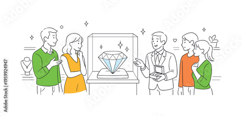 A group of customers exploring high-end jewelry options in an elegant retail setting, focusing on premium lifestyle and refined taste, represented by a large faceted gemstone