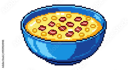 Pixel Art Bowl of Hearty Corn Chowder with Bacon Bits.