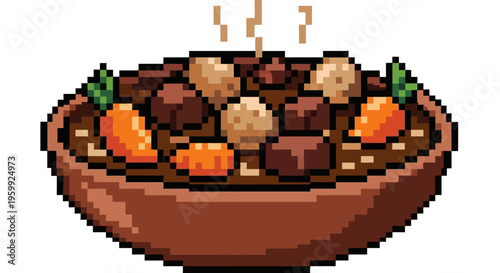 Pixel Art Bowl of Hearty Stew with Carrots and Potatoes.
