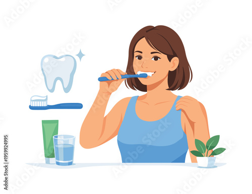 Daily dental hygiene routine and preventive oral care in a healthy lifestyle context, represented by a clean toothbrush paired with a single tooth icon and a small sparkle symbol