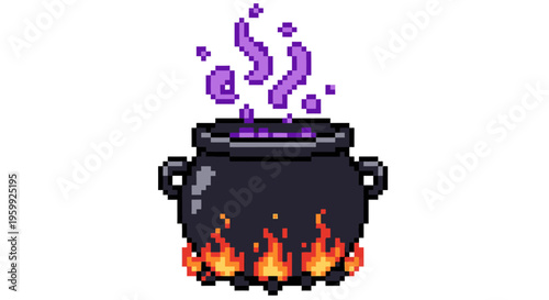 Pixel Art Cauldron Bubbling with Purple Potion and Flames.