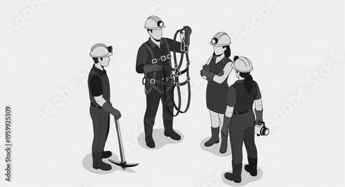 Group of Miners Discussing Safety Procedures Before Entering Mine.