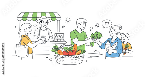 A sustainability and local economy scene representing farm sales as a connection between producers and consumers, where a friendly group exchanges goods around two main objects: a
