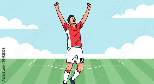 A triumphant male soccer player in a red and white jersey celebrating a victory on a green football field under a clear sky.