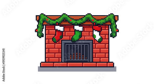 Pixel Art Christmas Fireplace with Stockings and Garland.