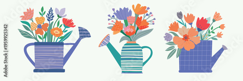 A set of illustrations with stylized flowers in watering cans. Bouquets. Garden. Spring. Texture, line. Green, pink, purple, orange, gray. For postcards, magazines, websites, and invitations.