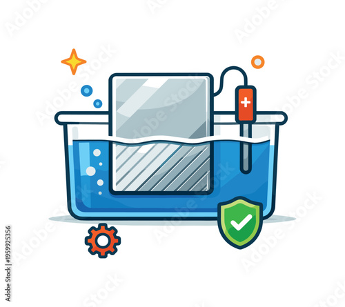 Anodizing process control for aluminum surface finishing in industrial material engineering, a single metal plate partially submerged in a simple electrolyte bath with a small