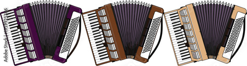 Accordion Instrument Vector Set with Classic Musical Accordion, Keyboard Bellows Design and Folk Music Illustration Collection