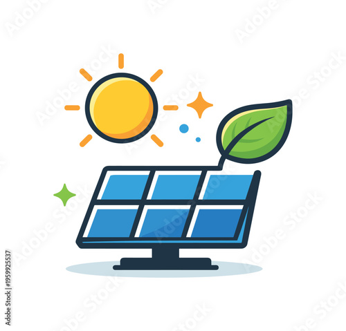 Green energy adoption and sustainable power solutions focused on reducing environmental impact and supporting clean resources, a solar panel combined with a sun and a small leaf