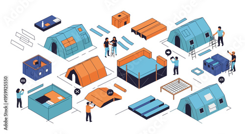 Various Tents and Camping Equipment Displayed Isometric Style.