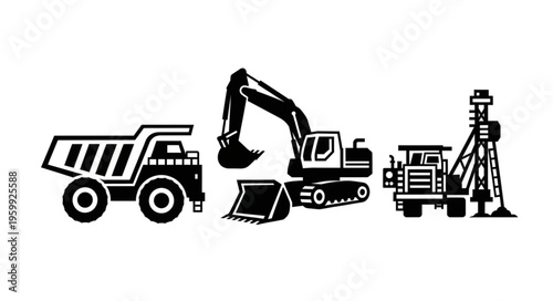 Heavy Construction Equipment - Dump Truck, Excavator, and Drilling Rig.