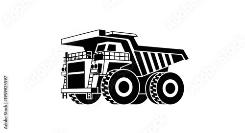 Heavy Duty Mining Dump Truck Illustration in Black and White.