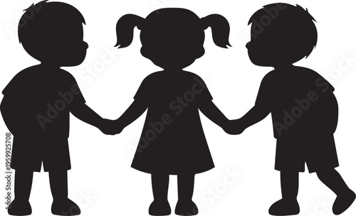 Friendship in Silhouette: Three young figures, rendered in stark silhouette, stand together, holding hands. The simplicity of the image belies the profound bond they share.