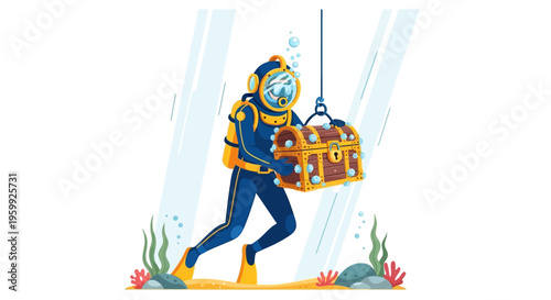 Vintage Diver Ascends with Treasure Chest from Ocean Depths.