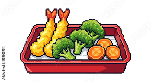 Pixel Art Delicious Tempura Shrimp and Vegetables Platter.