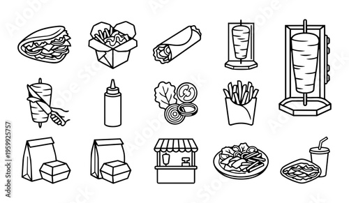 Doner Kebab Line Icons Set – Street Food, Wrap, Sandwich, Meat Skewer and Fast Food Outline Collection