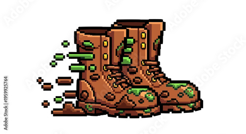 Pixel Art Dirty Muddy Boots Illustration.