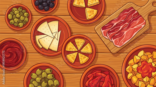 Traditional Spanish tapas spread illustration with olives, cheese, ham, and tortilla on a wooden table