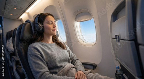Woman Sleeping Peacefully in Airplane Window Seat with Headphones