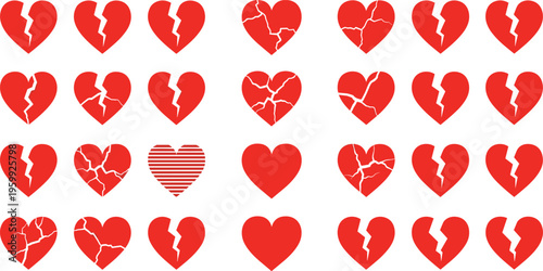 Broken Heart Icons Vector Set with Love Failure Symbols, Cracked Heart Shapes and Emotional Valentine Illustration Collection