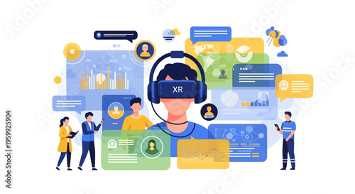 Virtual Reality Headset User Immersed in Digital World.