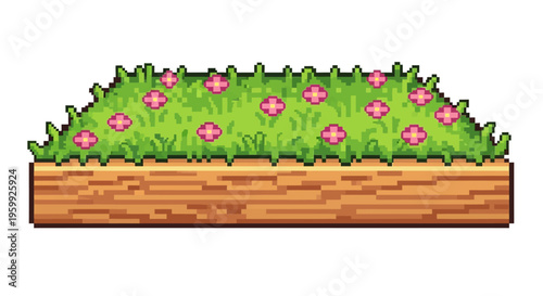 Pixel Art Flower Bed With Green Grass and Pink Flowers.