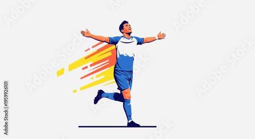 A male soccer player in a blue and white uniform celebrates a goal with outstretched arms and a joyful expression, depicted with dynamic streaks.