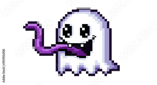 Pixel Art Ghost Character with Purple Tongue Extended.