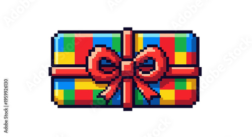 Pixel Art Gift Box with Colorful Wrapping Paper and Red Bow.