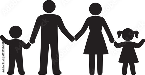 Family Silhouette: A heartwarming silhouette depicting a family of four, hand in hand, symbolizing unity, love, and the essence of family bonds. 