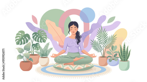 Woman meditating peacefully surrounded by plants.