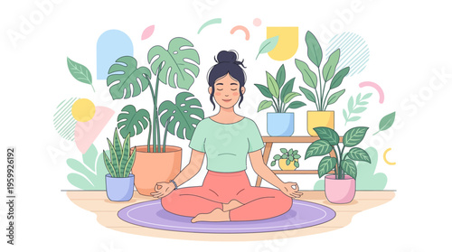 Woman meditating peacefully surrounded by lush green plants.