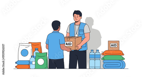 Volunteers distributing aid boxes and supplies to people.