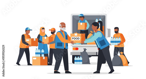 Volunteers Unloading Food Boxes from Truck for Charity.